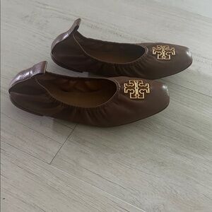 Tory Burch Brown Flats with Gold Logo